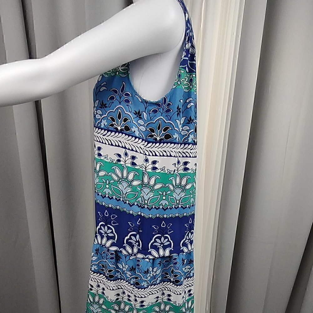 Loft White Purple Blue, Green Sleeveless Bohemian Floral Midi Dress Size MP - Picture 3 of 10